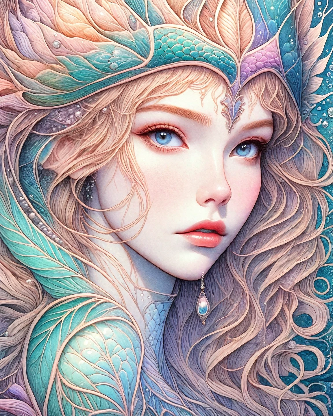 A mermaid covered entirely in a thin membrane、Highest quality、Mermaids kissing and fusing、resident evil、Horror taste、Covered by a translucent amniotic sac、Smooth clear skin and feet、born々Fresh fish fins