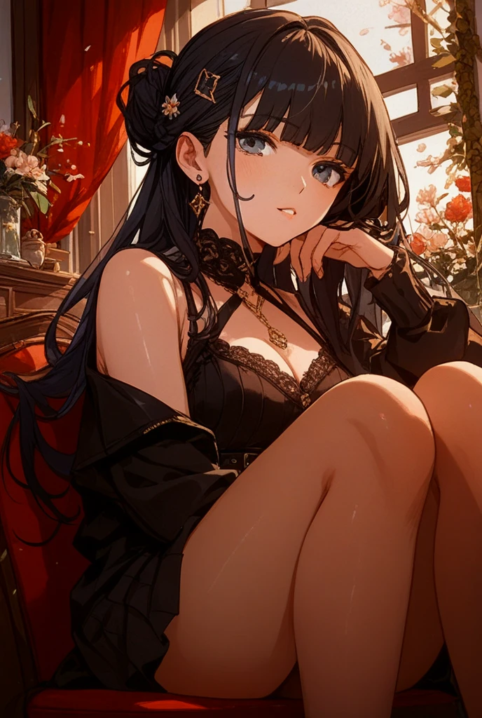 (masterpiece、top-quality、hight resolution), In a hotel room, a mature woman and a younger man are seated together, engaging in a serious conversation. The woman, appearing slightly nervous yet composed, is making the final confirmation. She says, "I know I'm older and might seem like an aunt to you, but are you really okay with this? Your first time being with someone like me...". The setting is intimate, with the woman sitting close to the man, who is attentively listening. The room's ambiance is cozy and private, highlighting the moment's significance and their emotional connection. (nsfw, 30 years old, Lingerie Set)