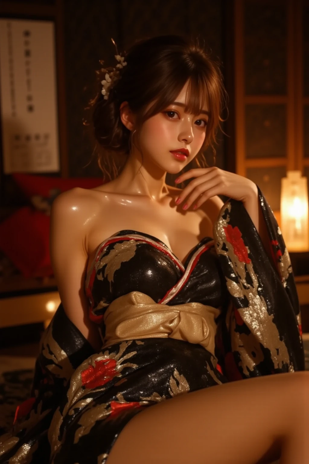 , solo, geisha woman, blue eyes, blue geisha outfit, seductive, lying, legs, thighs, black geisha hair ornament, blonde, (view from above:1.1), posing, seductive, curvy, full body, spreading legs, black pubic hair, legs, feet, very beautiful, black trim, indoors, Japanese bedroom, fantasy, cherry blossoms, highly detailed, black and red theme, candlelight, night, dark, soft lighting, golden particles