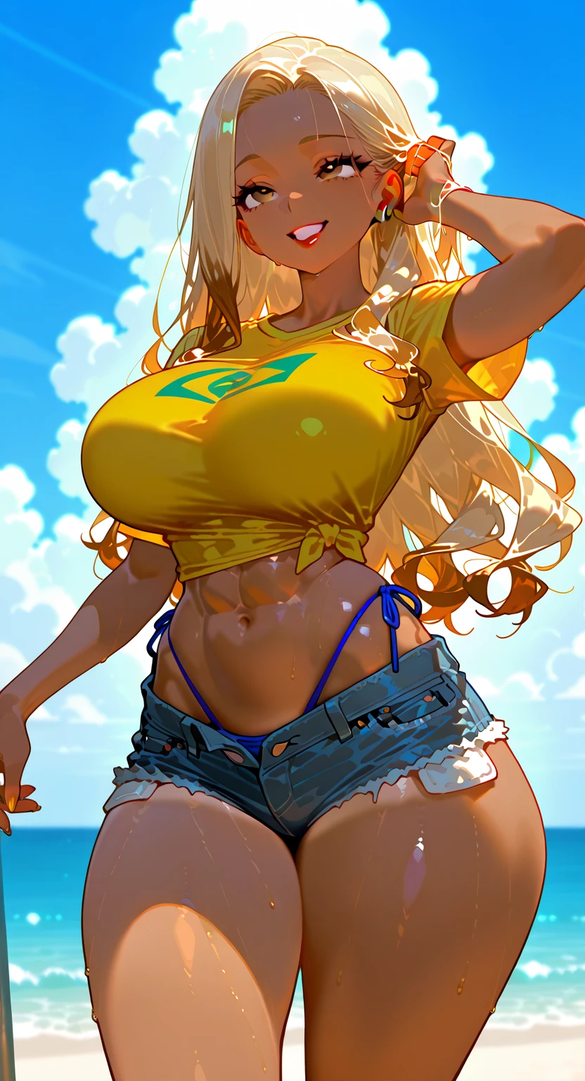 (highest quality, High resolution, perfect pixel, Depth of bounds written, 4K), (from front), beach, detailed eyes, (1 lady), tall, (skinny body:1.2) , (thin thighs:1.2), (Narrow hips), large breasts, blond hair, (ponytail:1.2), (denim short pants yellow bikini:1.2), (unbutton:1.3), (cross halter bikini), (rio cut pants), (panty strap:1.3), (sexy pose to emphasize breasts), (standing), (leaning forward), (seductive smile), blush, sweat, 