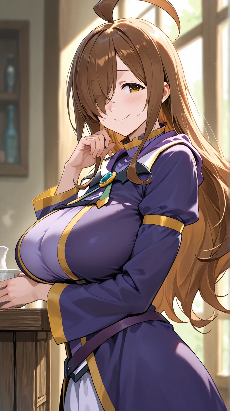 masterpiece, Highest quality, High resolution,(Wiz),(KonoSuba), 1990s\(style\),(D-cup beautiful breasts),Sweating all over the body,Hosomi、(sexy)、A face writhing in pleasure、The whole body is covered in sex fluids、Sweaty、Shyness、blush、Shy、look up、(Anime-style painting style),Brown Hair、long hair、Calm eyes,Composition focusing on the upper body,(独奏),Background inside the school