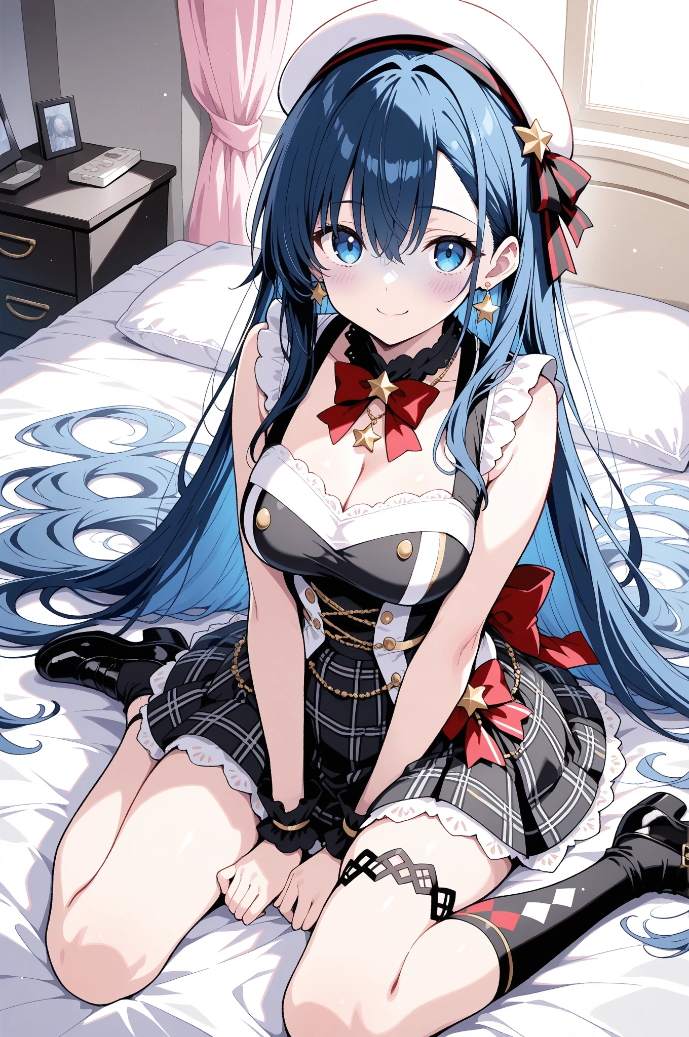 (Best Picture Quality, 4K, High Quality, Masterpiece:1.2), ((Masterpiece)), High Detail, High Quality, (HDR,16k, RAW Beautiful Girl Portrait, Best Picture Quality, Masterpiece::1. 2), (Ultra-Definition Illustration), nsfw, idolmaster, idol costume, teen, spotlight, extremely cute, blue hair color, sleeveless, detached sleeves, colorful frilled dress, tiara, showing armpits, embarrassed, crying, pantyhose, colorful wet race lingerie, spread legs, open chest, cum on pussy