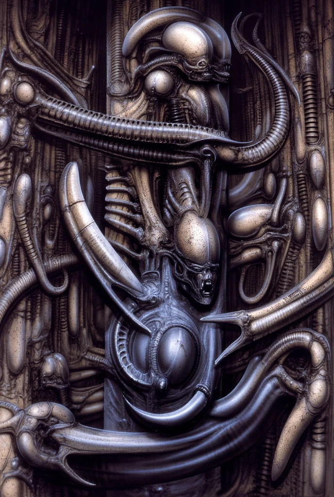 airbrush Giger_style, The image is a detailed view of H.R. Giger's \" Biomechanical Landscape No 312 \" plate, featuring a complex network of bones and organs in a purple-brown hue ,swirling gray and brown colorsgroup of three alien figures positioned in the foreground.  Emaciated and skeletal, with hollow eyes, they appear to be constructed from bone and  metallic  elements,  a  characteristic  fusion  of  organic  and  mechanical  forms  found  in  Giger's  biomechanical  art.  One figure sits on a simple chair,  while  the  other  two  flank  it  on  either  side,  suggesting  a  hierarchy  within  the  group.  The background is a dark and  limited  space  painted  in  a  uniform  red  color.  This  lack  of  detail  keeps  the  focus  on  the  figures  and  creates  a  sense  of  mystery  about  their  environment.  Receding into the distance  are  a  series  of  arches  and  tunnels  that  hint  at  a  larger  biomechanical  landscape,  possibly  the  work  of  the  creatures  themselves The artwork is silver and purplish brown, with an ivory bones prominently displayed. The image is highly detailed and intricate, almost like a 3d version of a medical diagram (detailed view of an anatomy model, possibly of a human body, with transparent organs and bones exposed). The piece has a thick mechano-organic texture and is covered in fine details. The image has a swirling, organic quality to it. The artistic manner would be unmistakably Gigeresque. A dark and unsettling beauty would permeate the piece, blurring the lines between fascination and repulsion , forever haunted by the grotesque allure. Giger's signature artistic manner would be evident in every stroke. The airbrush would be wielded with masterful precision to create a hyperrealistic yet nightmarish aesthetic.,hrgiger,H.G. Giger Style, Biomechanics,HRGigerArhP style in HRGigerArhP style, abstract, mechanical chaos, muted colors, 