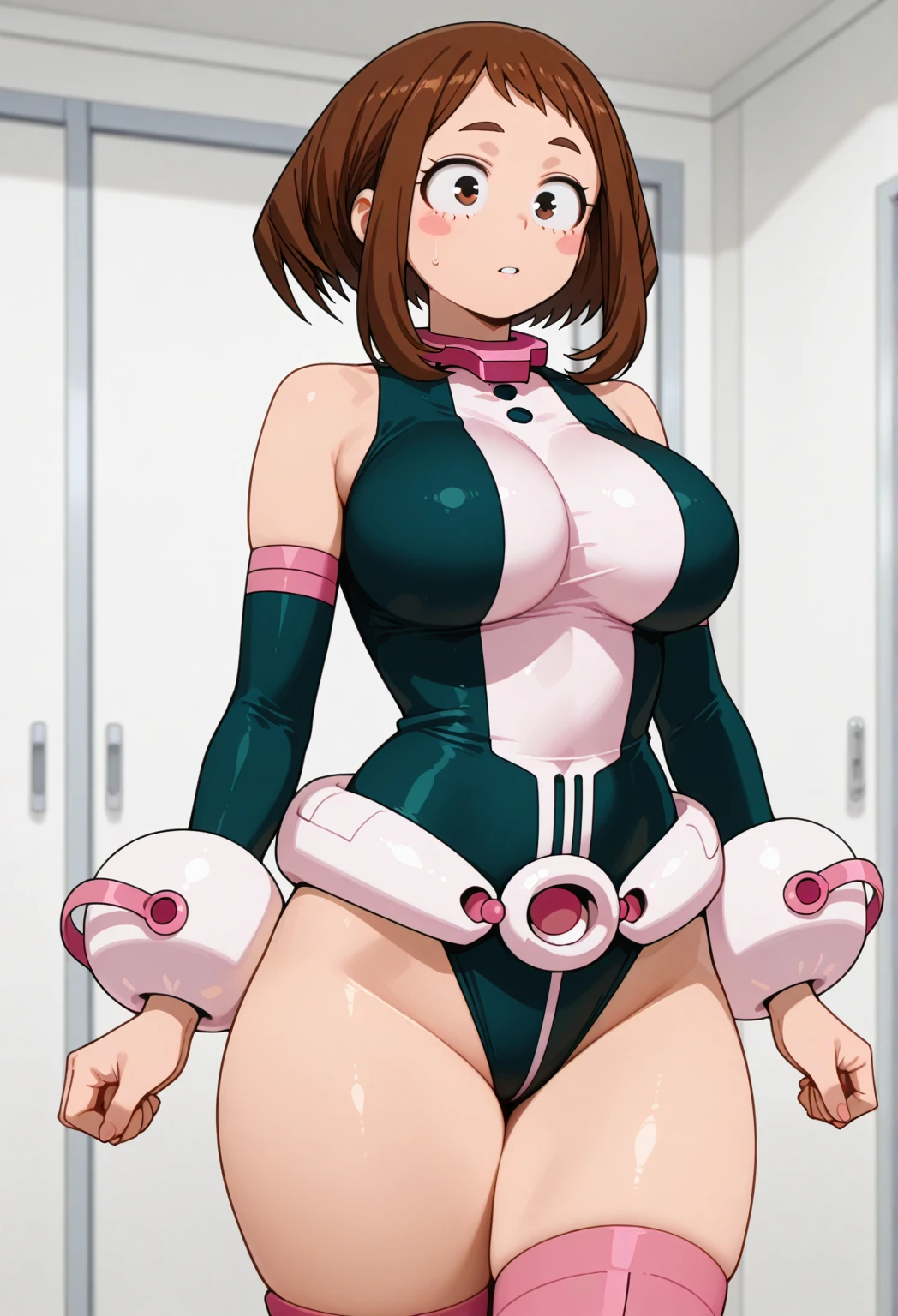 masterpiece, best quality, ultra-detailed, kawaii, cute, lovely, sexy, ero, extremely detailed, 4K, 8K, best quality, beautiful, anime style, laboratory, hoshizora rin, love live!, latex bodysuit, beautiful eyes, large breast, tattoo, cool, leather jacket,squatting