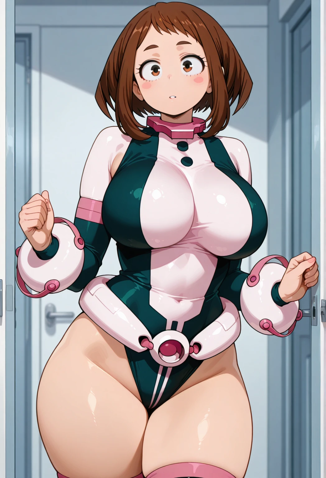highest quality, High resolution, Makoto Harada, green eyes, Pink SF Leotard、open leotard、obesity、belt、thigh boots ,(huge breasts:1.2), blush, (embarrassing), :d, dark brown hair, bob cut、((legs spread、swollen nipples))