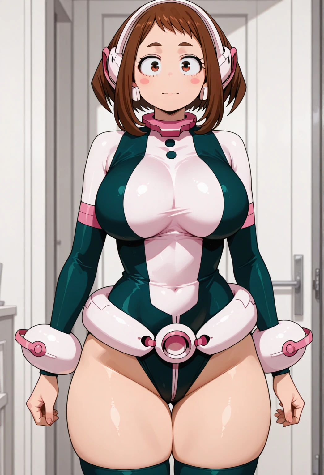 masterpiece, best quality, highres, hmochako, blush stickers, short hair, medium breasts, superhero, bodysuit, cowboy shot, standing, smile,
