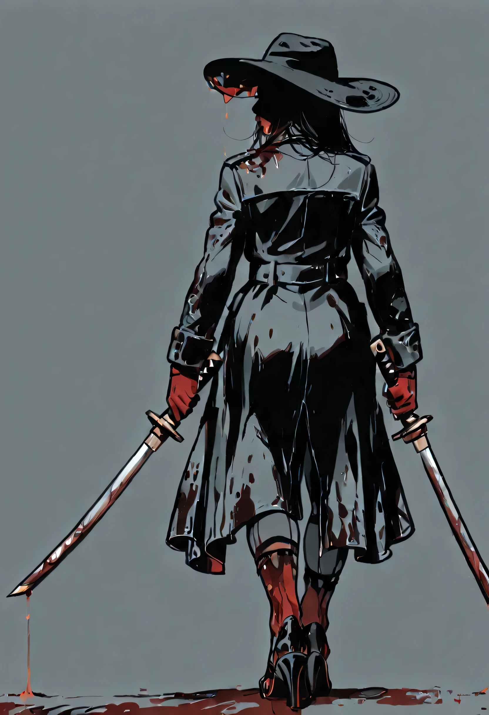 masterpiece, woman, adult, solo, from behind, wide brimmed hat, black hat, long black trench-coat, chunky heels, walking away, dual wielding katanas, bloody katana, blood trail, chunky heels, flat color,  crisp edges, monochrome, greyscale, spot color, silhouette, shadow, simple background, bloody hell,
Blood_Covered  