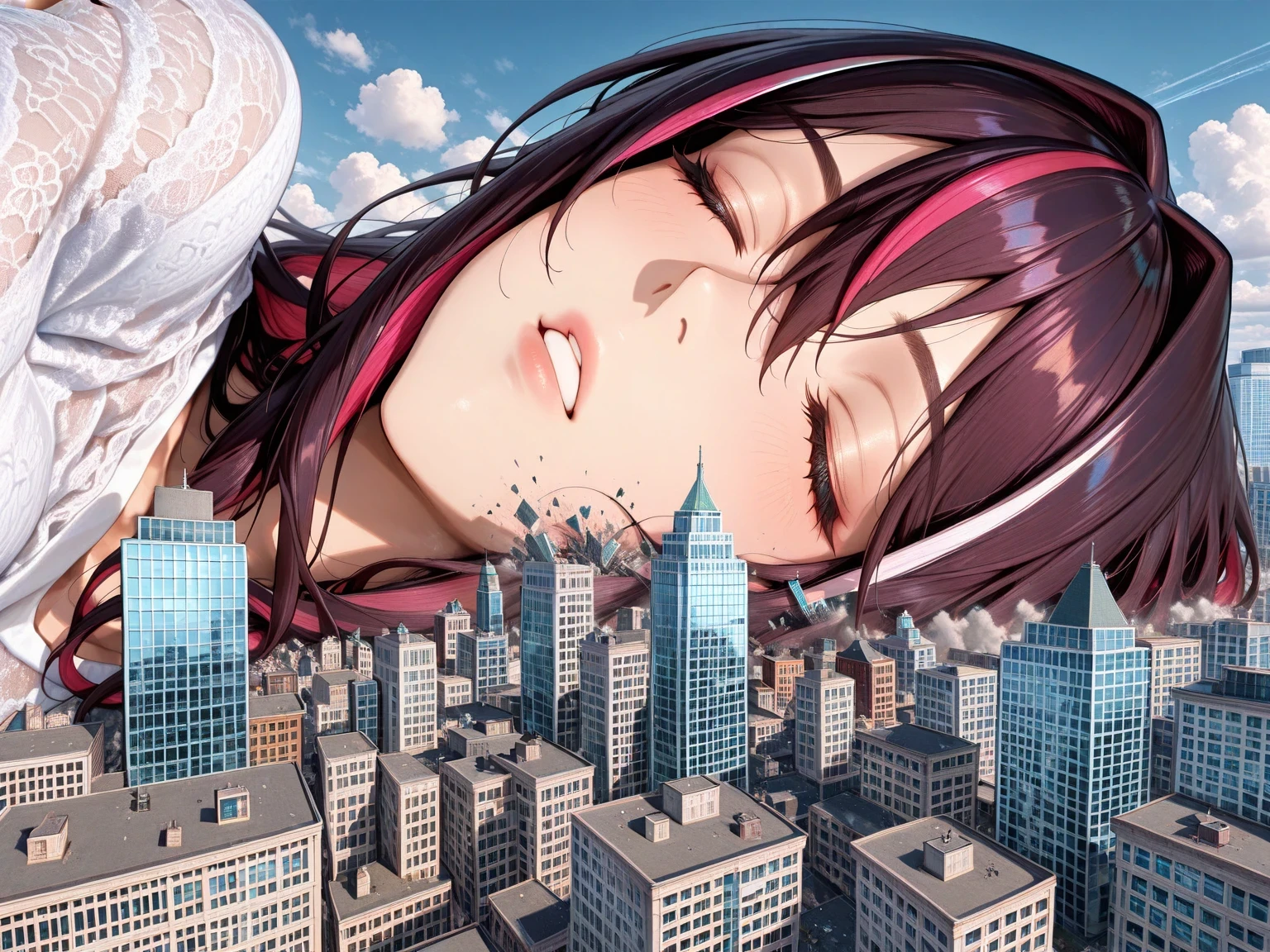 masterpiece, best quality, Great Quality, very detailed,solo, "AZKi" are sleeping in each other's arms, The gigantic "AZKi"  towering higher than any building, Miniature cities, ruined miniature cities,Densely packed buildings, Destroying buildings: "AZKi",Close-up of face,Very prominent nasal cavity, "AZKi" is sleeping on her back.low angle,look up,it's raining