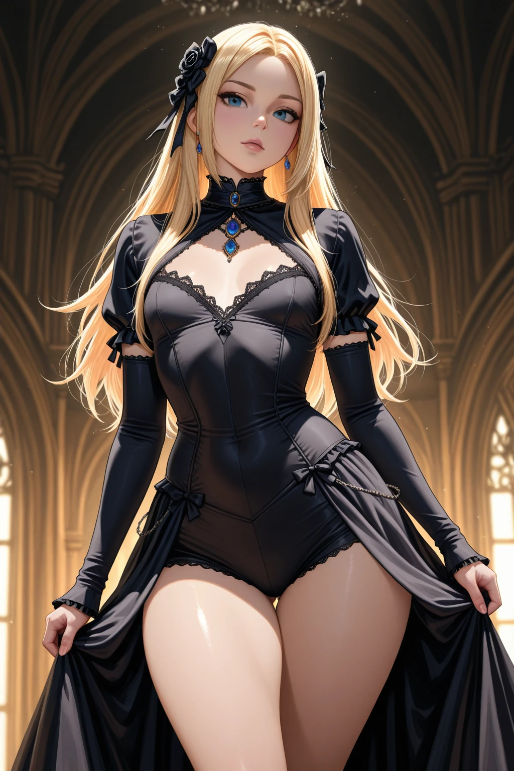 anime girl with blue eyes and a black dress posing for the camera, seductive anime girl, in dress, , beautiful anime girl, beautiful anime woman, beautiful alluring anime woman, blonde anime girl with long hair, anime girl wearing a black dress, guweiz on pixiv artstation, detailed digital anime art, top rated on pixiv