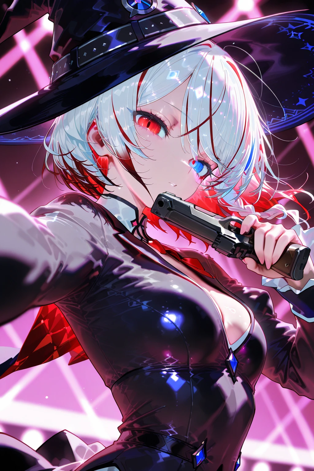 top-quality、Top image quality、in 8K,4K,masterpiece、(NSFW:1.1)、ultra-detailliert、Beautiful、ultra-quality、adult-like、Cool、((Undersized breasts:1.4、Narrow cleavage, under the boobs, (Bloods:1.4), wounds, (Bloody:1.1), Blood everywhere, (Blood on clothes:1.1), blood pool, (Covered with blood:1.3))、girl with(((18year old、Halloween Style:1.5、Bra:1.2、shortpants:1.3、silber hair、a short bob:1.3、Putting out fangs:1.5、Holding two bloody knives in his hands、Red Eyes、erotick:1.4、Happiness、The tattoo)))、hiquality、visualart、Background with((neons, the night:1.3、City Background:1.3、Zombie swarm:1.3))、masutepiece