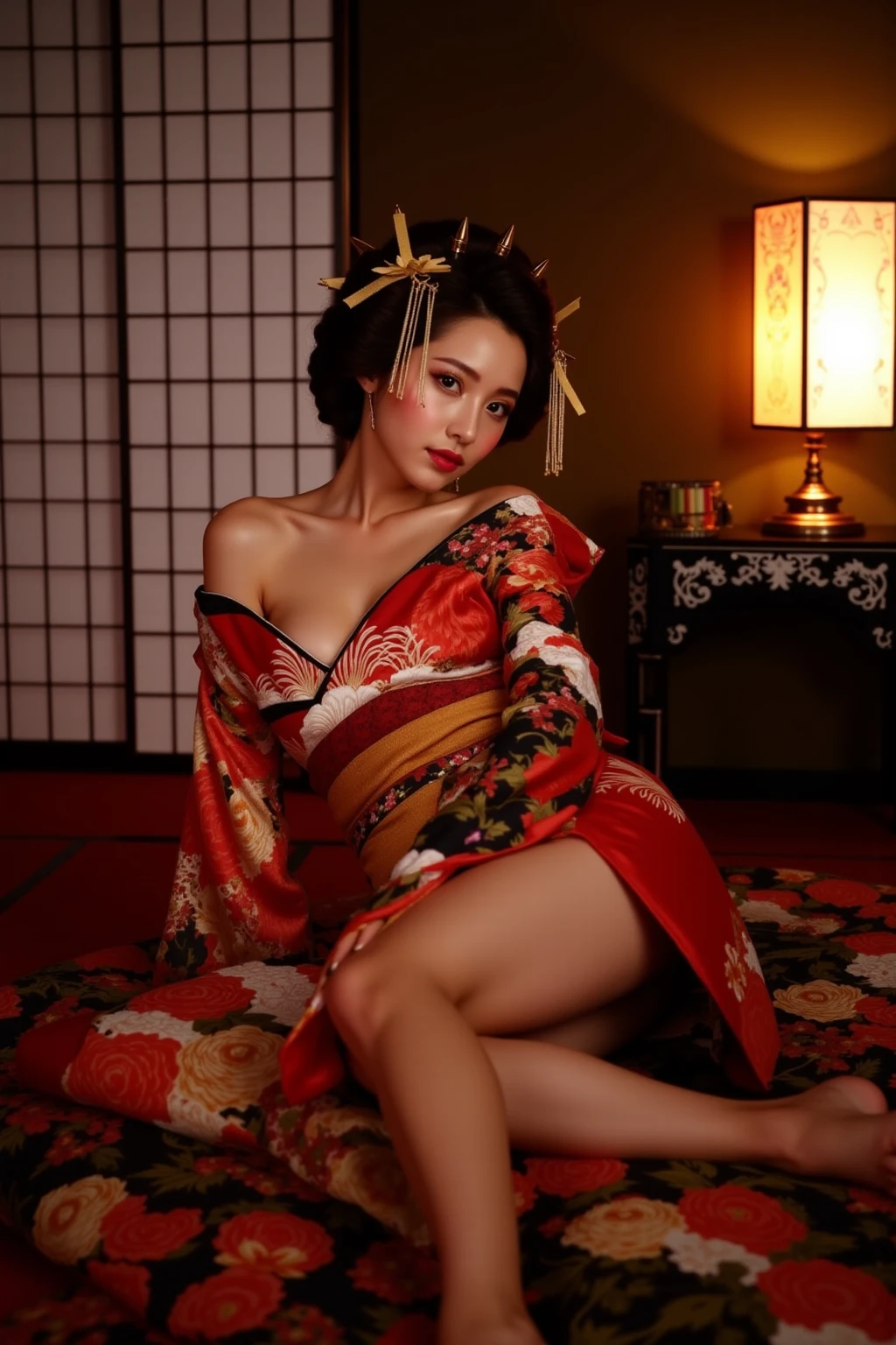 Topless geisha, kneeling on the mat. Sensual look at the spectator.