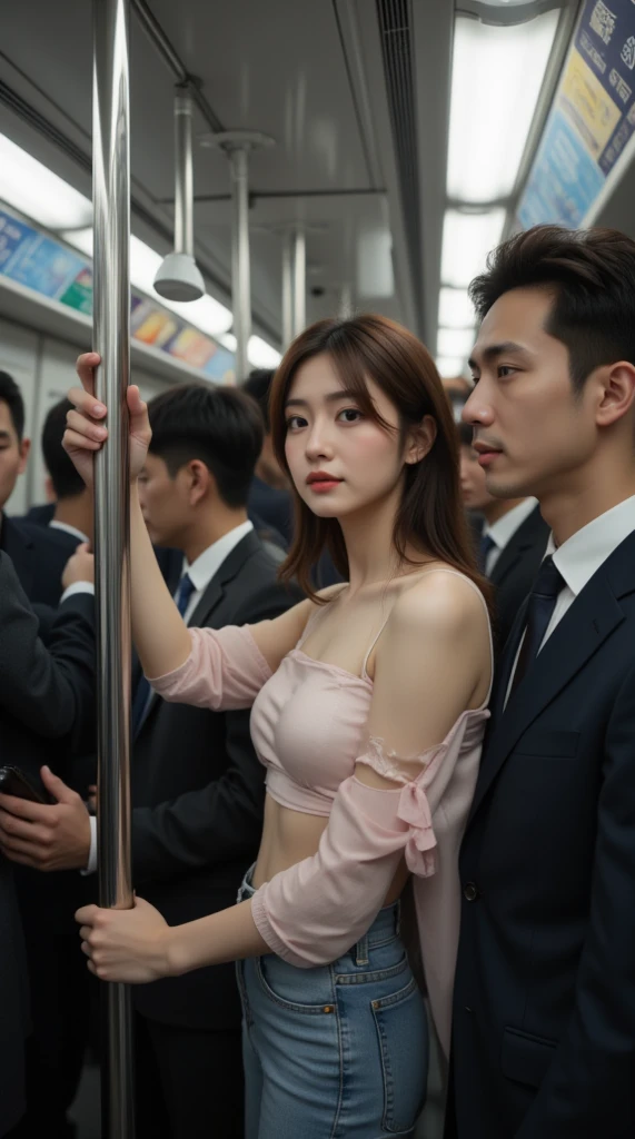 Crowded train, sexy girl with glasses, handsome man holding her from behind and talking in her ear, lifting her, white mini skirt swinging upwards, 40k, photography, masterpiece, best quality, dark gray background, (1girl blue eyes and blond hair soon curled with open legs), she have big breasts full open leg, (round swinging sexy mini skirt: 1.3), (white open shirt: 1.3), older man leaning against her from behind picking her up, varied poses, (nipple exposed: 1.25), ultra-realistic,