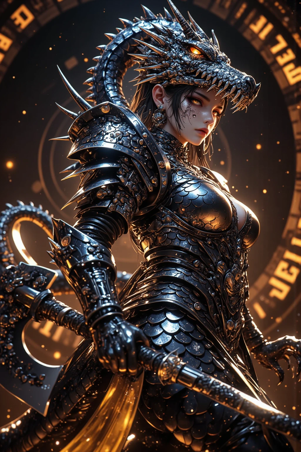 Woman wearing a headdress with horns and skulls on a dark background,Full body portrait
