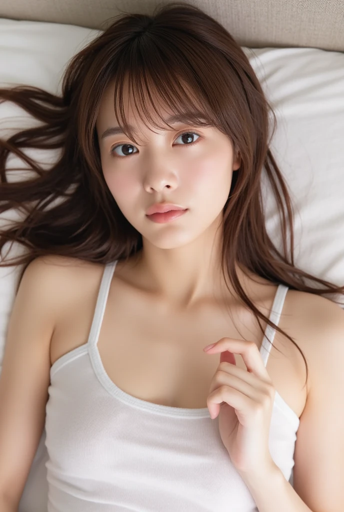 ((highest quality, masterpiece :1.3)), Photorealistic、Ultra-high resolution、Natural skin texture、Hyperrealism、Near Movies、Beautiful Japanese girl in her early teens、One girl、Tight crop top、Lying in bed、Frightened expression、Tears flowing