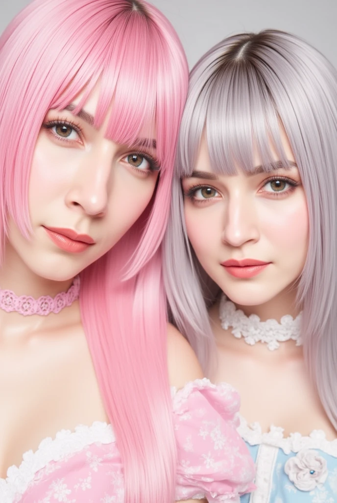 GIRLS CHILDREN, BLONDES WITH VERY LONG STRAIGHT GOTHIC HAIR, PURPLE BACKGROUND.