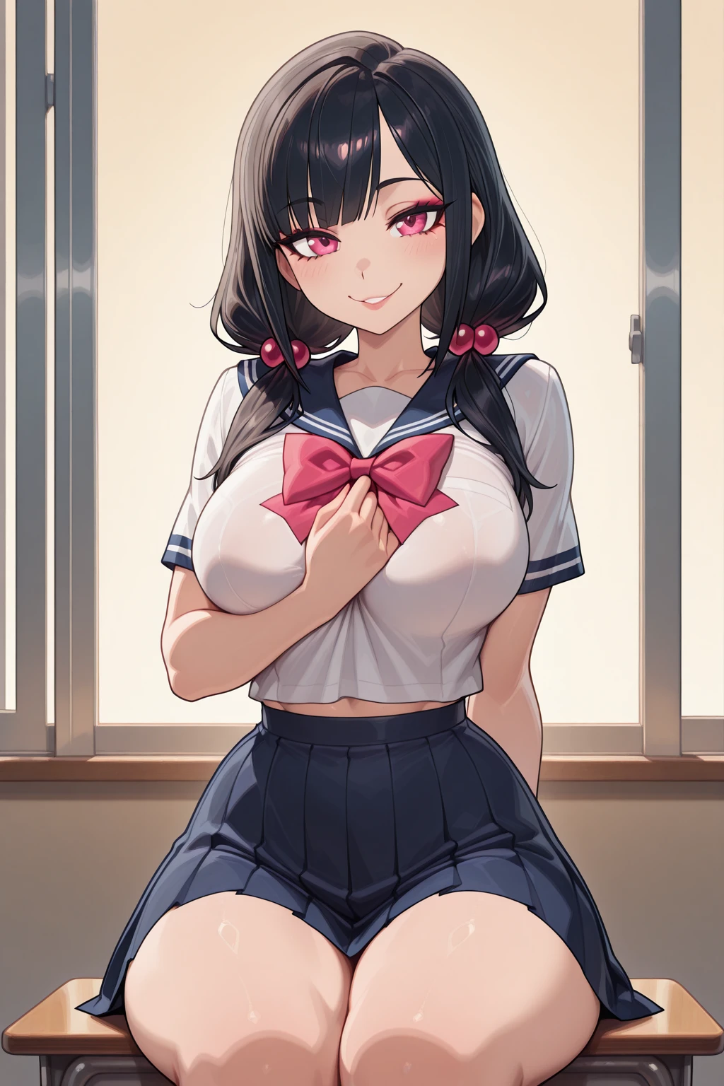 masterpiece, best quality, cinematic, photorealistic, ultra-detailed), (1girl, female Japanese student), (wide shot, from the front:1.4), (wearing a Traditional seifuku with a navy blue skirt and white blouse:1.5), (natural black hair, high ponytail tied with a simple ribbon:1.2), perfect hands, perfect face, (tall height, wide hips, long round legs, sexy legs, round ass), (massive natural soft tits), (hazel eyes, soft and shimmery eyeshadows, detailed pupils, defined eyelashes), (blushing, slightly parted lips, nude pink lips:1.2), (gradient background:1.3), (crouching seductively:1.4)