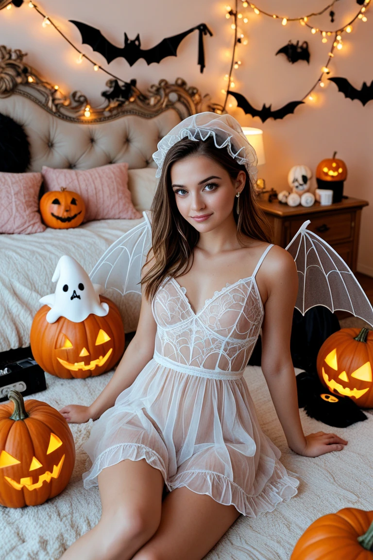 best quality, (highest Quality:1.4), (ultra-detailed), (extremely detailed CG unified 8k wallpaper), (1 young girl), Short in stature, around 18s, extremely beautiful and cute, Shy, blushing, blue eyes, grossy red lip, narrow chin, Protruding collarbone, Protruding ribs, very Slight bosom, flat cheasted, sliver blonde hair, hime cut, Ashen skin, Slender neck, narrow shoulders, Narrow waist, ((See-through sheer halloween costume)), nothing wearing, naked, no clothes, no bra, no panties, shaved public hair, Apubic, hairless public hair, bedroom, from above lying on her back, head on a pillow, spread open legs, ((Halloween decoration, Halloween makeup, Halloween pumpkin)),
