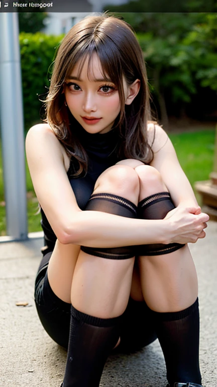 (Mastepiece, Top quality, Highest Resolution,  Sharp Focus, Vibrant colors, Detailed and subtle), Photorealistic photography, Depth of written boundary, Cinematic Lighting, Dynamic Pose, 1 Innocent Japanese girl, 16 years old, Childish face, No makeup, Young and cute, ((Skinny body, Flat Chest, Small breasts:1.2)), Light skin, Perfect Anatomy, Incredibly detailedな顔, Incredibly detailed, Beautiful and gentle eyes and eyelashes, Shiny brown medium length hair, Ponytail, Professional lighting from the front on her, A graceful smile. 彼女はbunnyガールの衣装を着ています, bunny, gossiper, Black rabbit ears, Black pantyhose, Bow, Wrist cuffs, Black Leotard.NSFW、(((High leg:1.7))))、The legs are open、Esbian all over,(((Small breasts:1.7)))