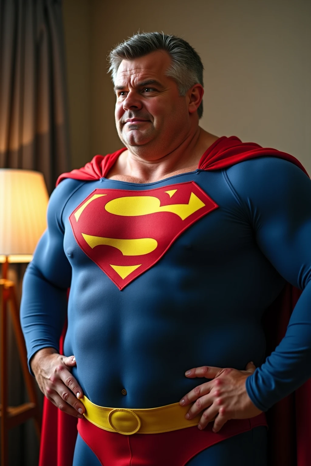 Man body setting,Superman costume tights , (bare thighs) , ( thick bottom ) , realism , hyper realistic , photorealistic , ( thick hips ). , standing , super handsome boy , fatty hips , fatty buttocks, sexy , eroticism , nsfw , epic realism , epic photorealistic , tall man ,(hip fat), narrow waist , (wide hips) , large hips , bare chest , (overwide hips , over large buttocks), huge hips ,wide pelvis ,big ass