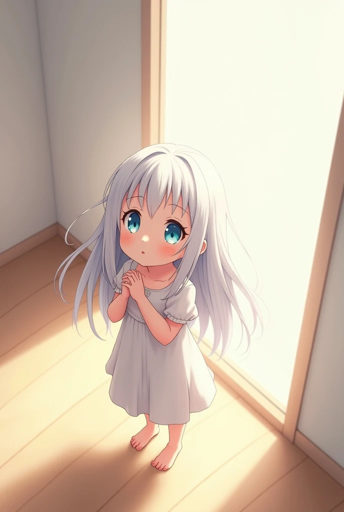 1girl、silver hair、long hair、bright  Aqua eyes、white T - shirt oversized、bust-up、tears. bedroom . Pussy