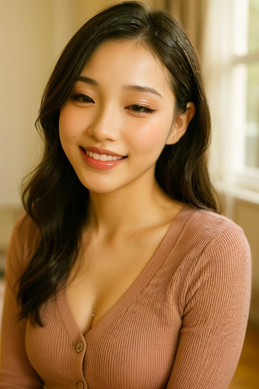 Enhanced dynamic perspective，Cute cute beautiful girl、15yo student, (Huge breasts:1.3), busty, Flowing sweat, narrow shoulder,((V-neck wool sweater:1.3)), oversea skirt)))、Get down on one knee, Spread legs, Leaning forward, Put one hand on the floor, see through,Look at me and smile， backgound，Works of masters，high quarity，4K resolution，super-fine，Detailed pubic hair，acurate，Cinematic lighting，Leaves the original facial proportions, 誘惑している,