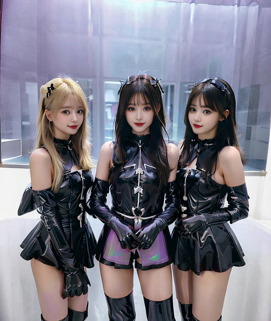 (Table:1.0), (highest quality:1.4), (high resolution:1.2), (realistic:1.4), (close:1.2), (8k, raw photos:1.2), (soft focus:1.4 ),BREAK,Three girls wearing slime gothic lolita walking side by side、Smiling while taking a photo.............................. ..................................,Lesbians everywhere,(Three girls covered in purple slime:1.3),BREAK, (Three girls wearing semi-transparent Gothic Lolita:1.4),BREAK,slimy skin,Smooth and tight boots,Clean skin,latex,Translucent body,shiny latex,Perfect fingers,(Shinylatex Gloves:1.2), Boots suitable for your skin,BREAK,bob hair,(Golden hair:1.3),glossy shiny reflective,Girl makeup,japanese goddess,shiny skin,Gorgeous Japanese model,shiny,shiny,Squishy,(Shiny black thigh-high boots:1.2),BREAK ,detailed context,At the hamburger shop

