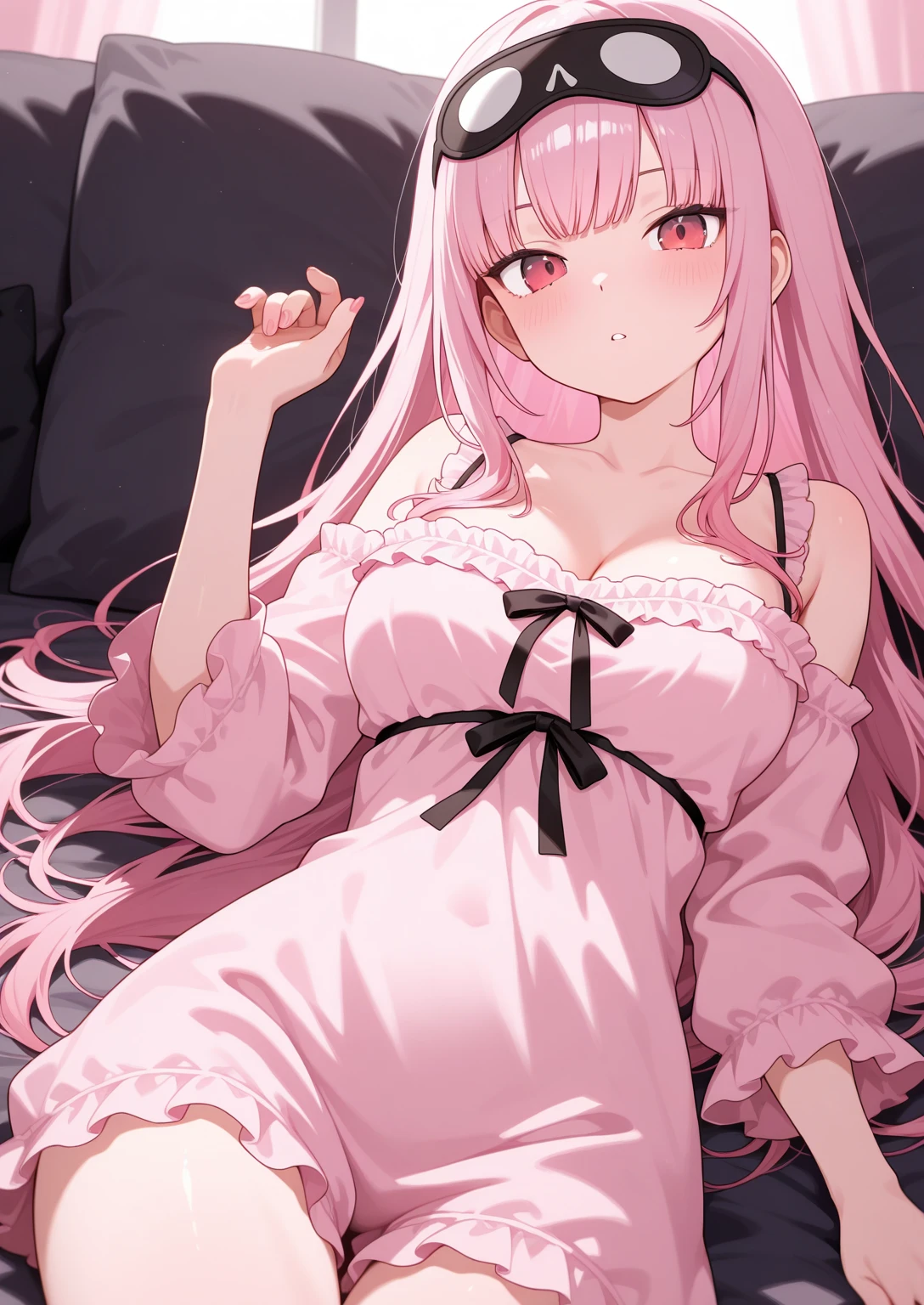 masterpiece, best quality, highres, chika1, fujiwara chika, night dress, lace lingerie, breast out, red ribbon, blunt bangs, neck ribbon, collarbone, collared dress, large breasts, smile, bed, bedroom, sexy pose, sit, spread arm, transparent,