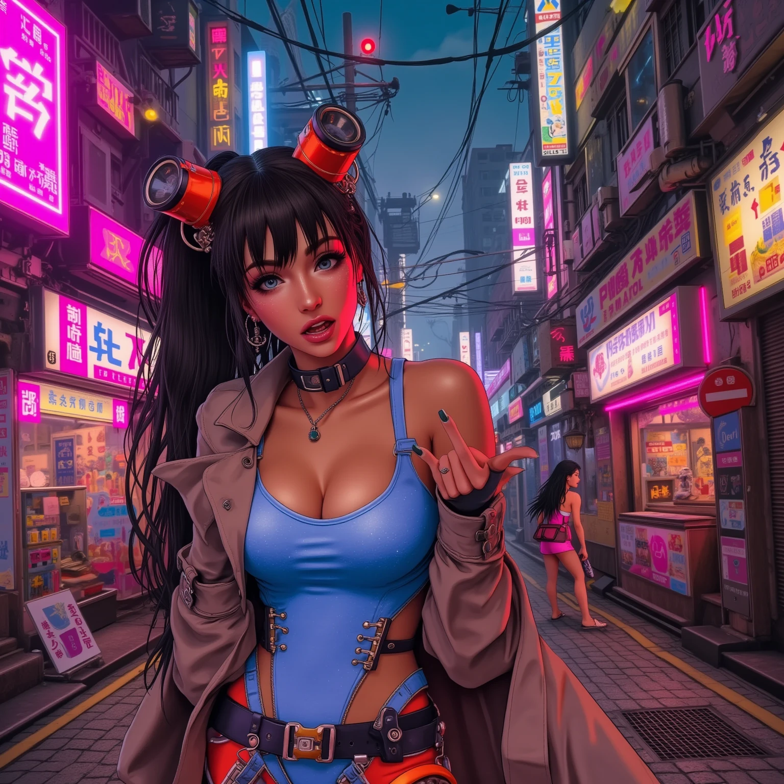 the character akali from league of legends happy holding her daggers, Tokyo cityscape at night with lots of cyber punk LED lights, and in the other hand she is holding an iPhone 13 Pro Max taking a selfie, ultra realisitic, with great quality, selfie photo size