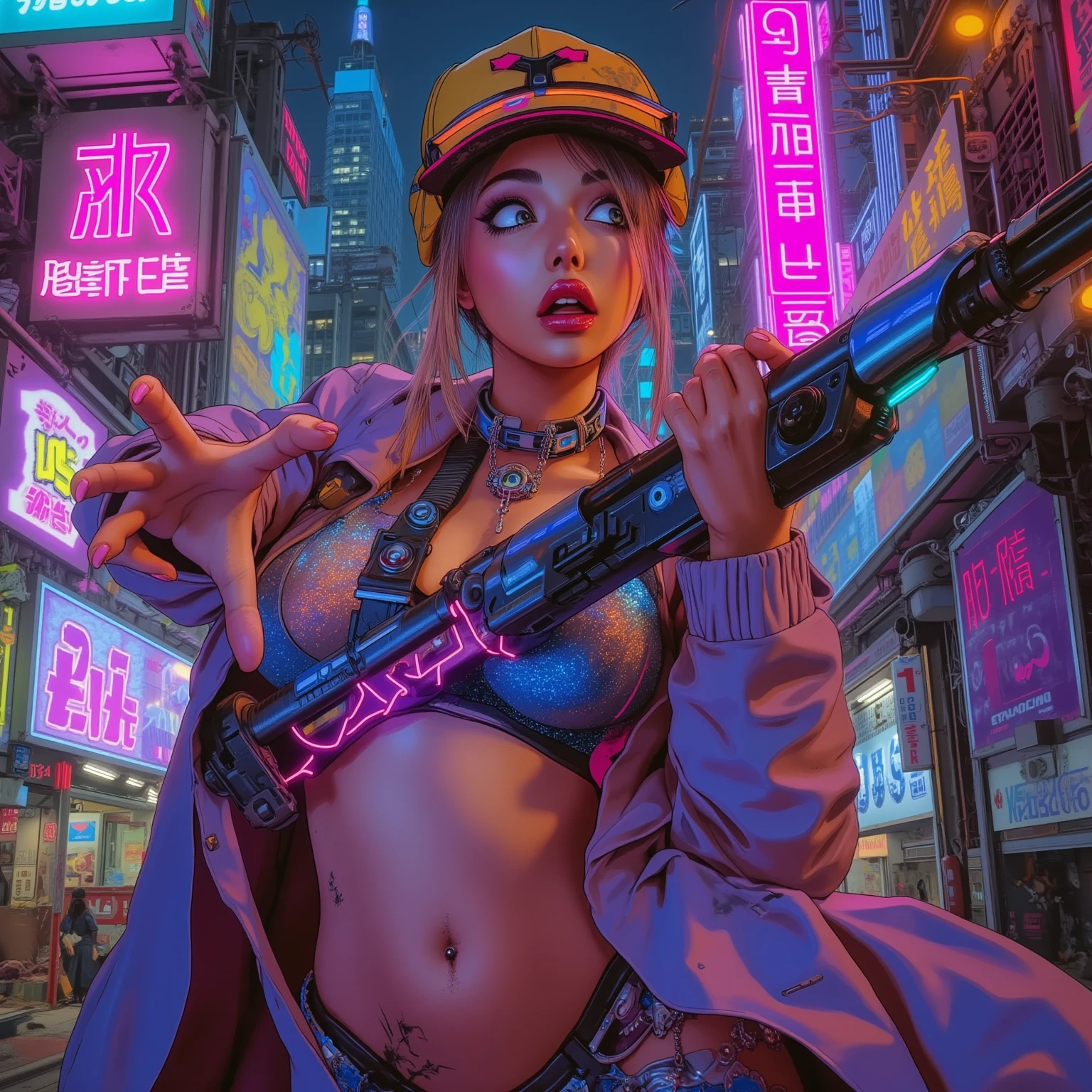 (((Girls back on her knees camel toe))), Incredibly detailed cyberpunk robotic chrome tight outfit, highly detailed futuristic with many studded textures, ((robots)), (((portrait of girl’s back showing her perfect butt))), (((photorealistic and perfect butt long perfect legs))), ((olive green puffy bomber jacket and lots of skull patches with renaissance paintings on jacket)), ((chrome VR futuristic sci-fi goggles)), thick chain jewellery, boots, thin pantyhose, translucency, prismatic, reflective, ((extremely busy New York City streets with cars and people and neon tube lit street signs and vibrant graffiti all over walls)), ((ultra cool hairstyle)), ((many thick chain necklaces)), filled with tattoos all over body, rim lighting, large size natural breasts, entire image is highly intricate and detailed, ((chrome skulls)), (((lots of studs on clothes))), ((graffiti)), (((friendly facial expression))), ((perfect radiant skin color)), ((super colourful)), (((cinematic day time and natural sunlight))), (precious colored cut stones), (((detailed spaceship tech))), (((1:1 scale proportions))), ((military patches and gear)), (((perfect butt))), ((gold grillz))