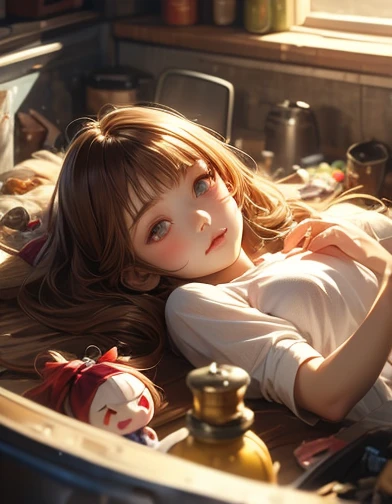 Cute little girl with long red hair and big green eyes sitting on a bed, surrounded by fluffy pillows and stuffed animals, sunlight streaming through the window, Dreamy, Whimsical, Pastel colors, Digital painting, Artstation, Highly detailed, Smooth, art by loish and sakimichan and erica willey --auto --s2