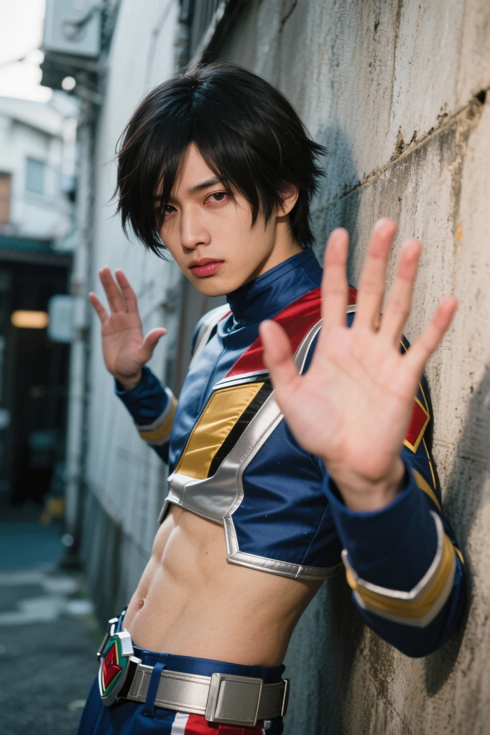 sesshomaru Cosplay, young man, Thai, handsome, chest muscles visible, fullbody image