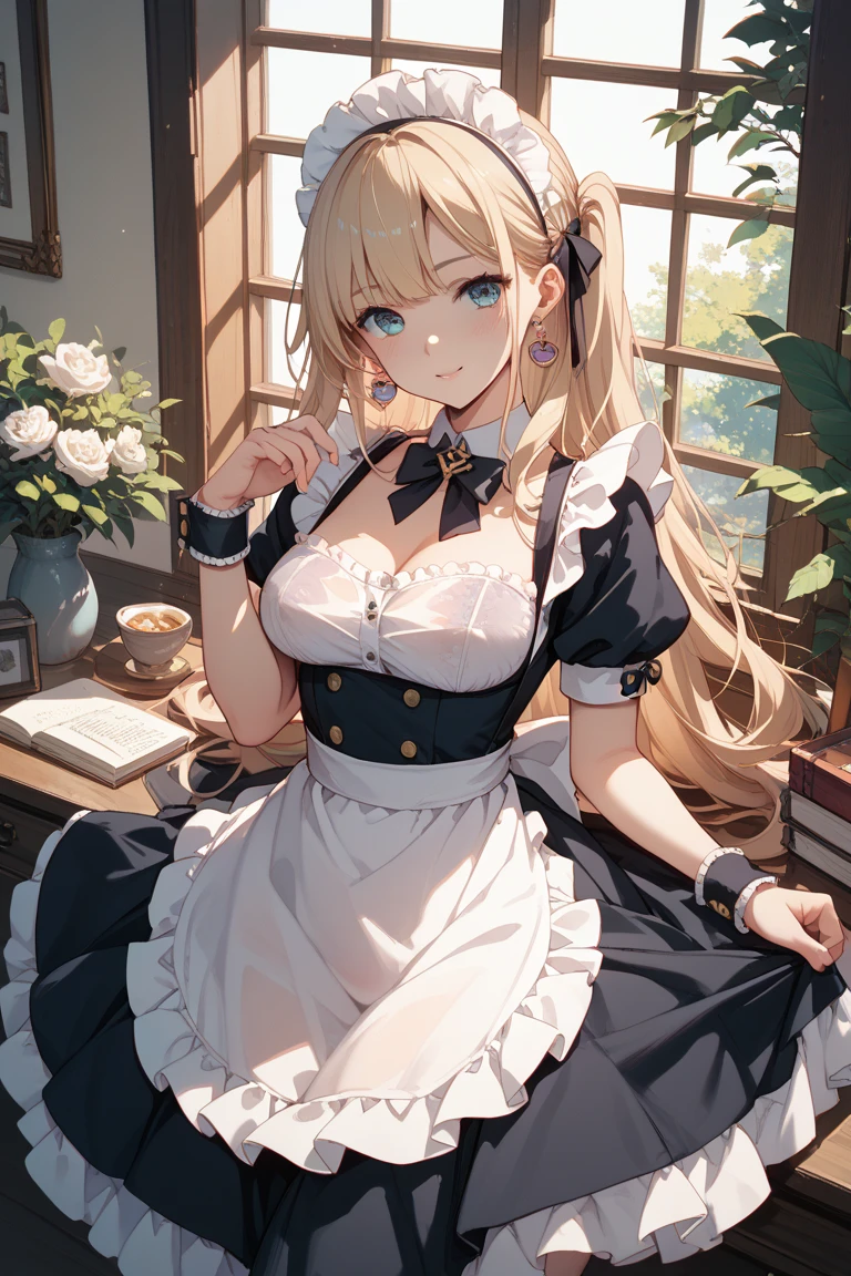 (masterpiece, high resolution,ultra - detailed:1.0),1 girl,Young and beautiful women,eye looking to camera,Perfect female body, , Extremely detailed CG,Unity 8k wallpaper，Complicated details, solo person, (skimpy Maid clothes), French Maid Open Uniform, short skimpy Maid dress, lace stockings, color difference, Depth of field,dramatic shadow, Ray tracing, Best quality, Cinematic lighting, Beautiful young maid, manipulative cunning, sly dominant maid, deceitful, fake smiles, blonde