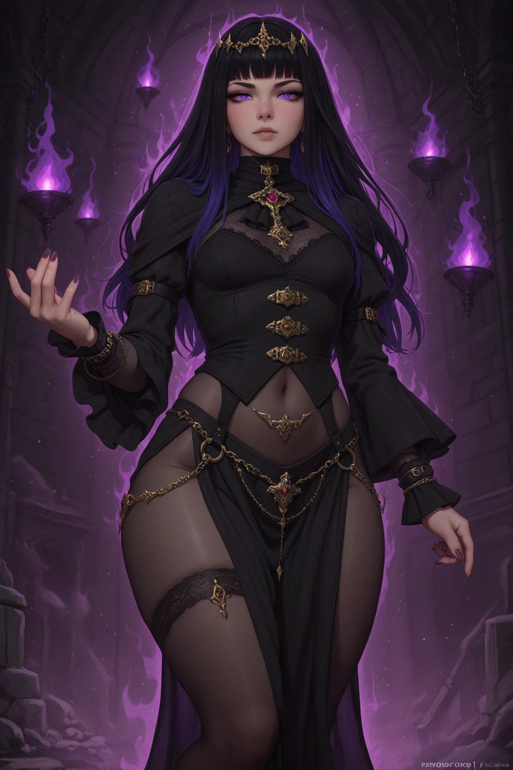 tiefling girl with long purple hair, purple skin, gray horns, , standing straight, a grimoire in his hands, dressed in a black sorcerer's robe