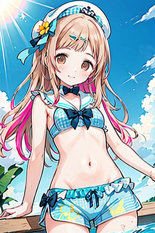 a girl standing in shallow ocean water under a clear blue sky. She has a sun-kissed complexion and long, light brown hair with soft waves cascading over her shoulders. She is wearing a two-piece swimsuit with a strap around the neck; the top is bandeau-style with a halter neck strap, featuring a coral pink color with white polka dots. The top has a sweetheart neckline, accentuated with a small frilly detail along the edge, and it is underwired, providing structure. The matching bottoms have a similar frilly detail along the waistline. Her posture is relaxed yet playful as she gently touches her midriff with both hands, and she offers a soft, engaging smile, her head tilted slightly to the side, adding a sense of approachability to her demeanor.