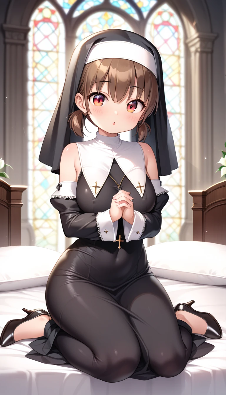 ((anime boy)), ((crossdresser)), (((1boy)))), (((solo))), ((((alone)))) medium dark brown hair, red eyes, ((((brown skin)))), wide hips, narrow waist, thick thighs, flustered, brushing, standing in a church, ((flat chest)), long skirt, shirt, (((skin tight black nun dress))), in a suggestive pose