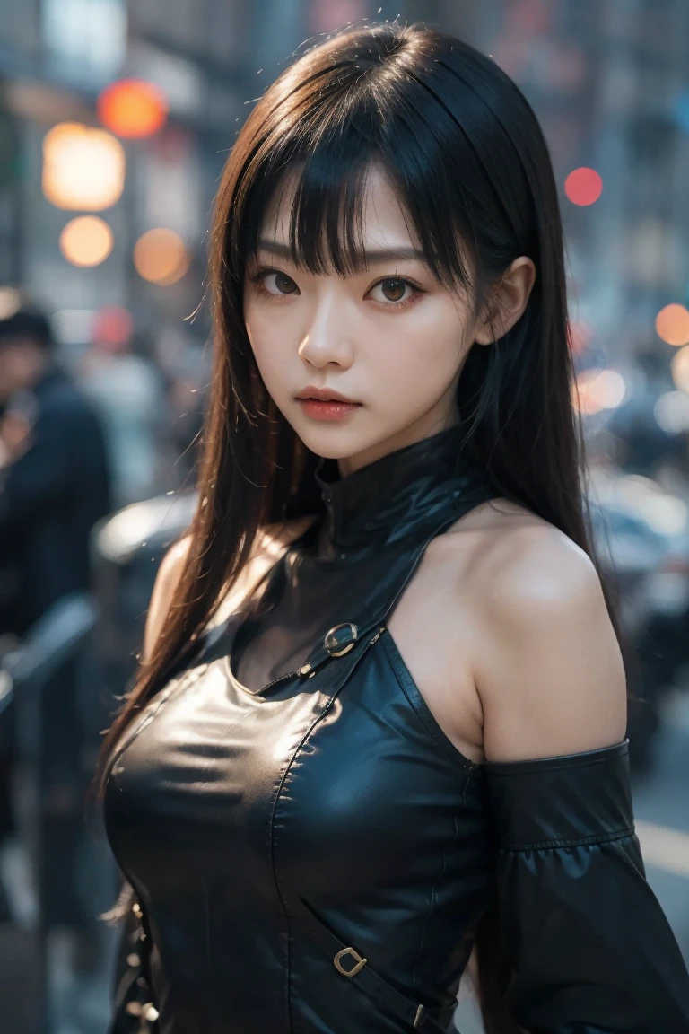 (1 Mechanical Girl)、highest quality、masterpiece、Super high resolution、(photoreal:1.4)、RAW photo、1 girl、golden hair、glowing skin、(((1 Mechanical Girl)))、with a beautiful knife、(iridescent metal bodysuit)、(battle with monsters)、(Small LED)、((Super realistic details))、Portrait、global illumination、Shadow、octane rendering、8k、super sharp、big breasts、Raw skin exposed in the cleavage、Metal、intricate decorative details、Japan details、very intricate details、realistic light、CG Society Trends、red eyes、Eyes shining towards the camera、Mechanical marginal blood vessels connected to neon detail tubes、gundam、Small LED、two stock、((beautiful neon lights))