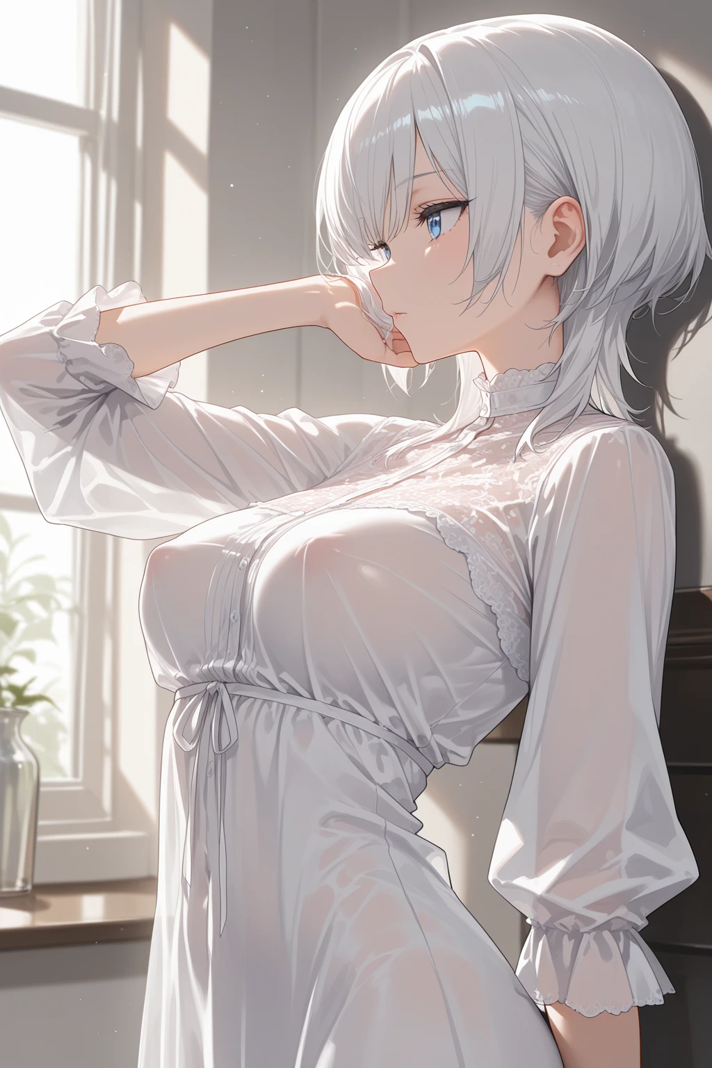 (masterpiece: 1.3), (Maximum resolution: 1.2), (Ultra High Definition TV: 1.2), Cinema Lighting, 8K resolution, fine grain and skin, Detailed faceの特徴, , (Boobs Sharp Focus: 1.2), (The focus is on the face:1.2),Perfect Style, Pretty face, Accurate, Anatomically correct, Highly Detailed face and skin texture, fine grain, double eyelid, Thin eyebrows, Glitter Eyeliner: one cheek, Shiny skin, Fair skin, Shiny skin: 1.2, (Glossy Lips: 1.4),、 (Embarrassed look: 1.2),20-year-old woman, (Detailed face:1.2), (Highest quality:1.2), Retrospective photos of the Realom、Angle from below, Low - Angle, From behind, Cinema Lighting, Perfect Style, Beautiful Face, (Skirt flip:1.4), Loose and wrinkled white panties, stockings, blush、humiliation、impatience、Glare、tears、Embarrassing、Surprised expression、Angry expression、 (Maid clothes:1.5),Sweaty、Silvery white hair、Greenish-gray eyes、Retrospective photos of the Realom、Low - Angleから、Soaking wet、OverFlowing sperm、Sperm in the ass、Sperm on thighs、Flowing sperm(Attractive ass:1.2),、Exposed panties、Disheveled clothes、Exposed breasts、(Have sex,Vagina Penis),On the bed,Cowgirl,Hotel,(Blushing and grinning),pubic hair,(Wet cat:1.3),(Sweaty),(Creampie,Cum in pussy:1.2),(I can see your chest)、((Nipples are visible))、(Angle to look up from below)