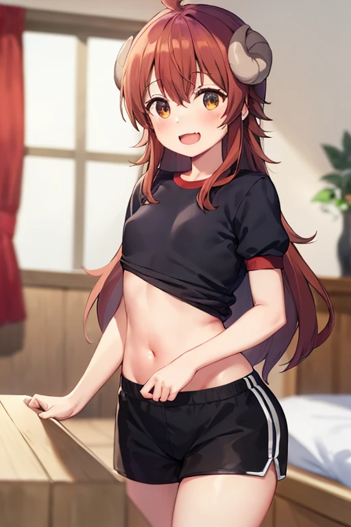 1girl, underwear, tight shirt, lingerie, big chest, green eyes, long torso, red hair, ponytail, shiny skin, reaching at the top of a cupboard