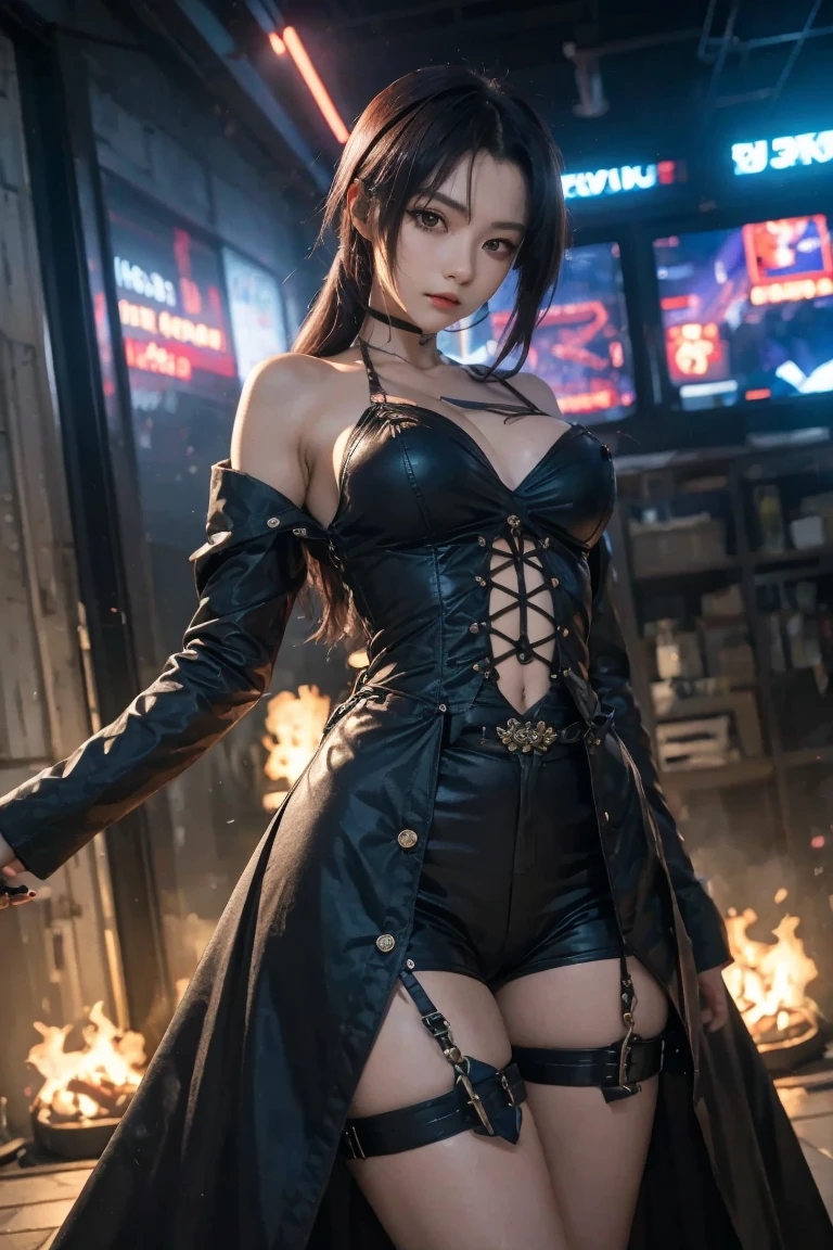 masterpiece, best quality, super detailed, full body, (long shot, full body view:1.1), (short skirt), (tights: 1.2), Mysterious beautiful woman Tifa Lockhart, standing in front of an impressive BMV tuner car, realistic design car from Bone Age, a masterpiece of digital art with ultra-detail, face portrait, street tuning show, ultra-detailed tuned cars, Tom Bagshaw, Anne Bachelier, mixed with dark elements, dark environment, strong makeup, natural face, over-detailed eyes, over-detailed atmospheric details, beautiful luminous effects, glitter effects, realistic body proportions, beautiful face proportions, complex masterpiece, wild hairstyle, over-detailed reflections from ray tracing, over-detailed complex background, the environment seems alive, direct eye contact