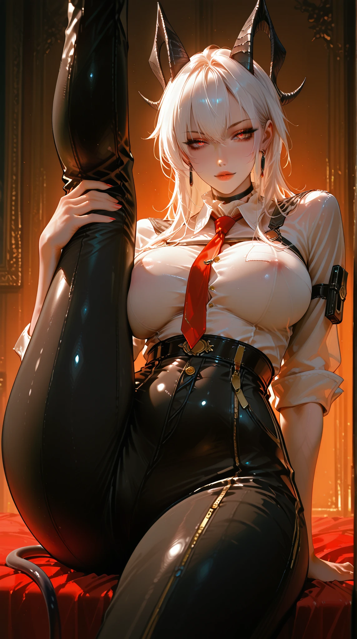 ((best quality)), ((masterpiece)), (detailed), 1girl, NSFW, small breasts, prominent collarbones, skinny arms, flat stomach, visible hip bones, long hair, red hair, white hair, blonde hair, dark hair, ponytail, thick ponytail, heavy ponytail, red and white clothing, Bloodborne inspired, occult aesthetic, occult, detailed and intricate steampunk and detailed gothic