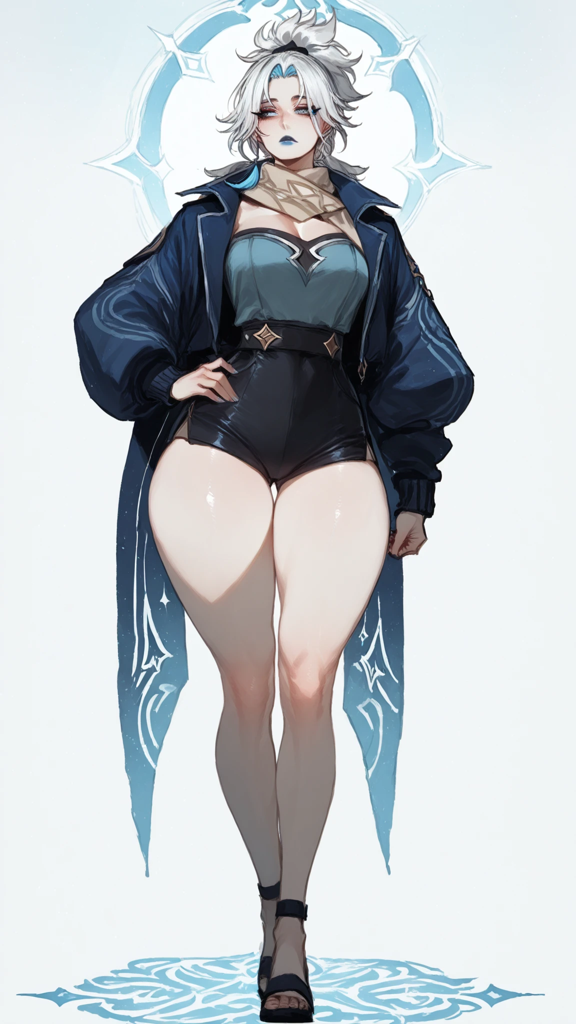 A girl with short brown hair , blue eyes , He wears a long black sleeve , blue pants , gray boots , post apocalyptic cloudy background, wicked smile , small breasts , teenage body , little Bullock , beautiful , 4k , HD cuerpo de niña , ( solo una mujer) ( manga larga negra)