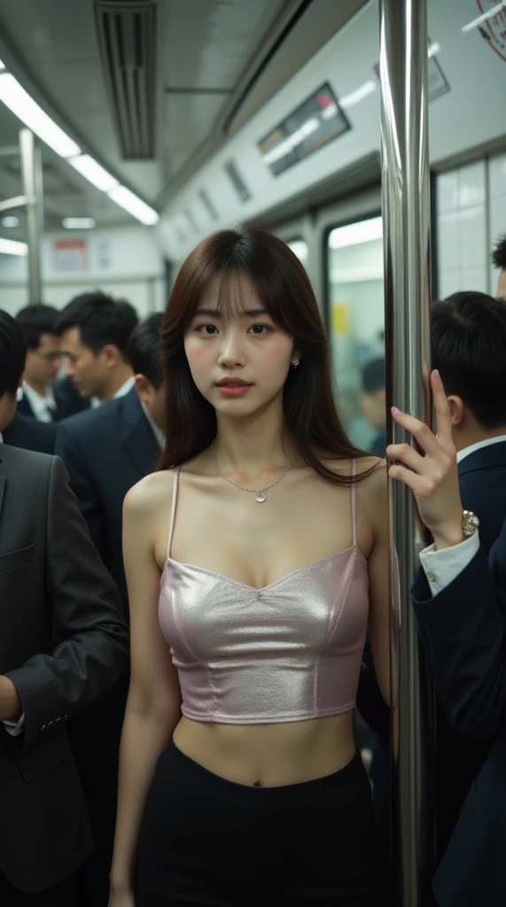 Diffuse lighting、 Highest quality, High resolution, unity 8k wallpaper、Supersaturation, Japanese、1 female、２３age、(masterpiece), Highest quality, Highest quality, Detailed and complex, whole body, High resolution, (16age),Very detailed_eye, Sexy Breasts, (eyeliner:0.5),(blush:0.5), Detailed skin, Displaying the viewer, A light smile, crowded train、Commuting rush hour、Riding a crowded train、Standing holding onto a strap、Wearing a suit、 (Zhou Haoguang:1),(Structure of the film:1.3), (Highest quality, High resolution, Realistic, original, 8k,masterpiece, ),Highest quality, masterpiece8k.High resolution. High Rib:1.2, Film Grain, Blurred Bokeh:1.2, Lens flare, (Bright colors:1.2), (delicate),
