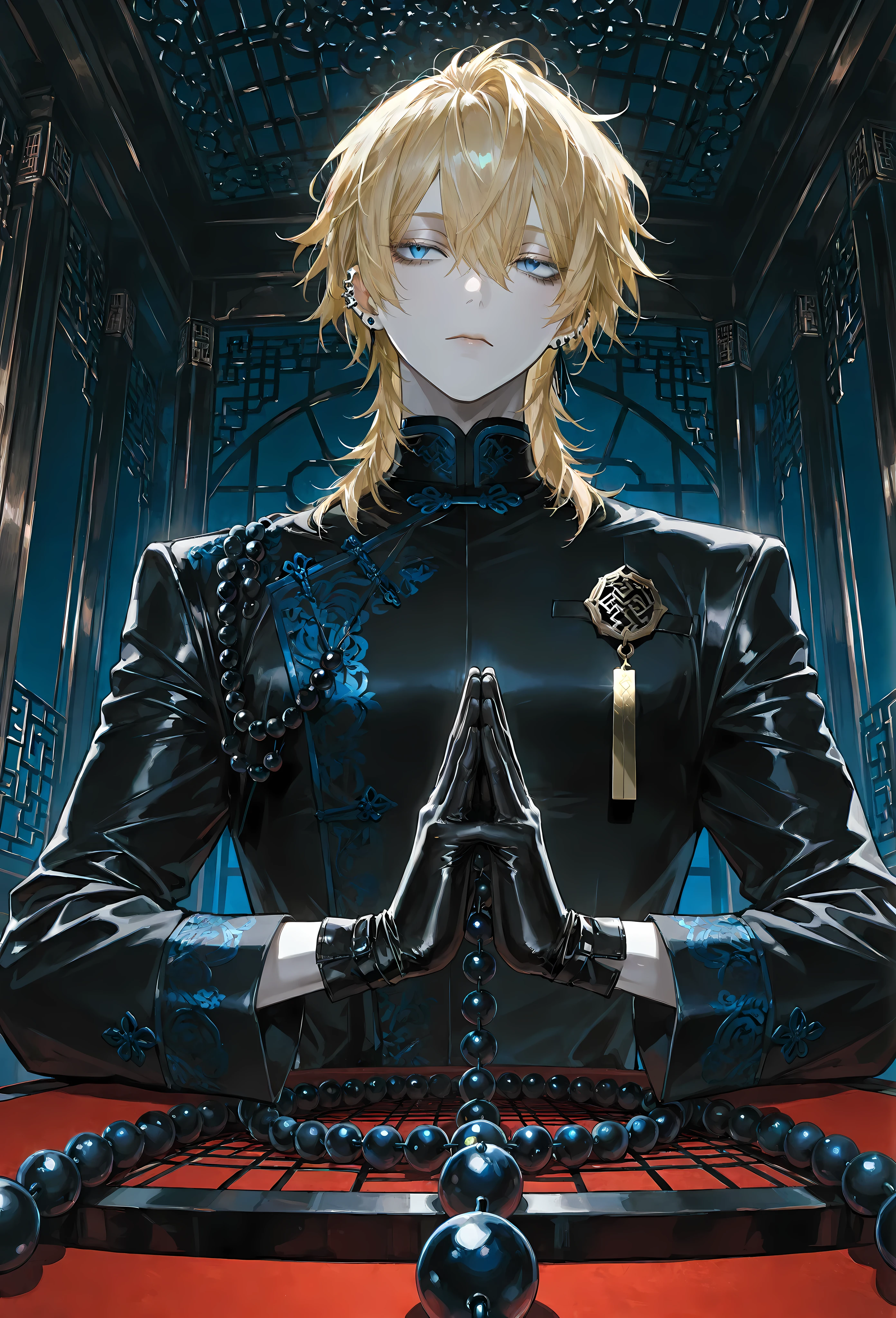 8k, beautiful masterpiece, looking out at the front, alone, super pale skin, Perfect Eyes shape, Athletic Build, ((He wears: Black Elaborate Daopao (道袍), Silver Daoist Amulet, Black Leather Gloves)), (((background is Chinese opulent room, looks emotionless and somber while holding Japa Mala beads and praying))), 1 man, mature man, male-centered, handsome man, handsome, short messy hair, blonde hair, black ear piercings, Thick painted, (((blue eyes))), Perfect Eyes, masterpiece, top quality, amazing quality, exquisite details, very detailed, semi-realism art, semi-realism art style