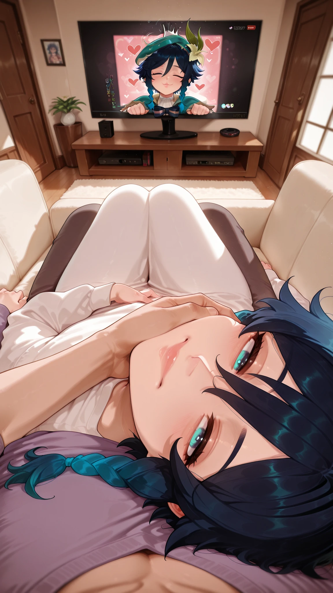 1boy on side, lying, from side, resting head, sleepy face, happy, lips, venti(genshin), resting on chest, lean back, looking at viewer, head on pov chest, snuggle, flirt, romantic atmosphere, happy, hearts, tv, home, cozy, male pov, povoverShoulder, pov hands, pov arms, arm rest, caressing, sfw. lying on lap, face grab, puckering lips, incoming kiss, rest, comfort, reach around, headpat, couch