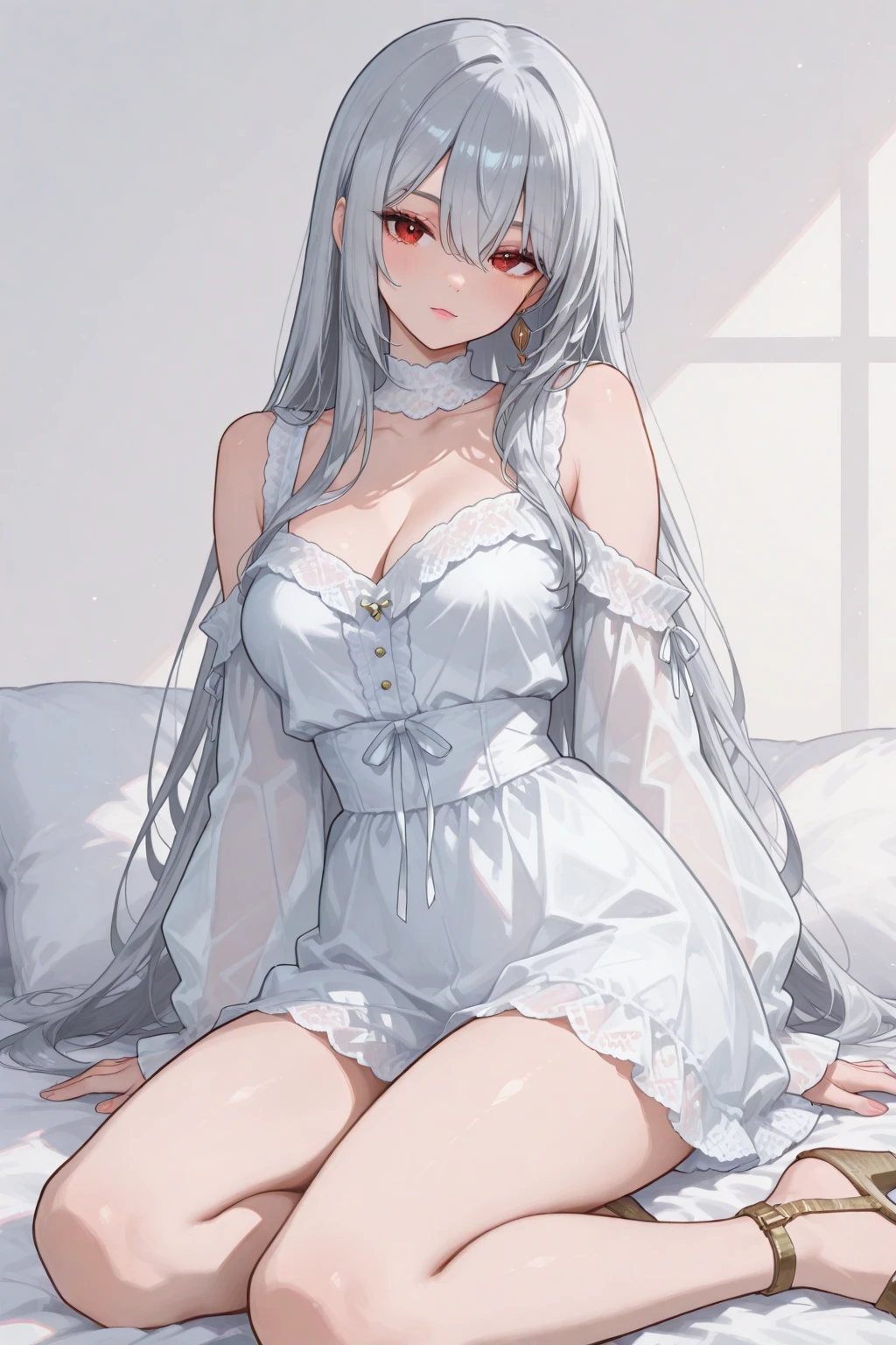 Detailed facial details，16 years old，1 girl，Red lips，Cat ear，White long hair，Wearing snow-white lace pajamas，Large Breasts，Slim，Handcuffs，Collar，Radiant Skin，Sitting on the bed，bedroom