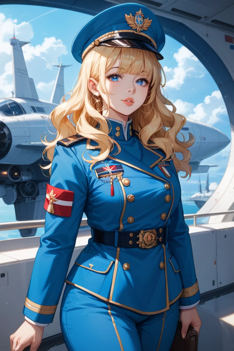 ((Masterpiece)), ((Highest Image Quality)), ((Best Quality)), (Illustration of One Girl), Full Body, 25 Years Old, (Neutral), Blonde, ((Short Hair)), ((Short Neckline)), Green Eyes, (Flat)), Small, (((Tall)), ((Muscular Strong Body)), (Army Uniform)), (Military Hat)), (Army Coat)), (White Clothes), (White Pants), (White Hat), Trench Coat, (( Inside the spaceship)), (outside the window, space, Earth seen from space, spaceport)