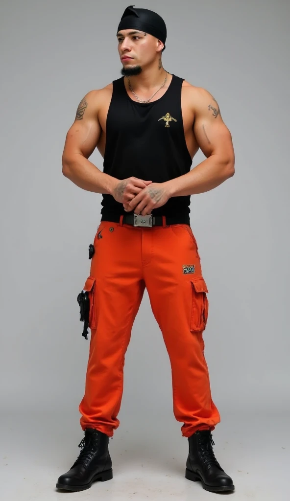  rugged elite henchman, muscular man, silver mature male, with broad shoulders and strong chest, shirtless with red-orange utility jumpsuit pant, sideless  black tank top, Sideless shirt, black beret, tactical belt, black combat boots, MILITARY POSE: feet locked together military style, arms straight and pressed against uniform without gaps, 