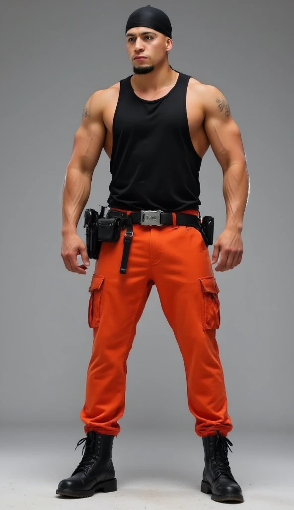  rugged elite henchman, muscular man, silver mature male, with broad shoulders and strong chest, shirtless with red-orange utility jumpsuit pant, sideless  black tank top, Sideless shirt, black beret, tactical belt, black combat boots, MILITARY POSE: feet locked together military style, arms straight and pressed against uniform without gaps, 