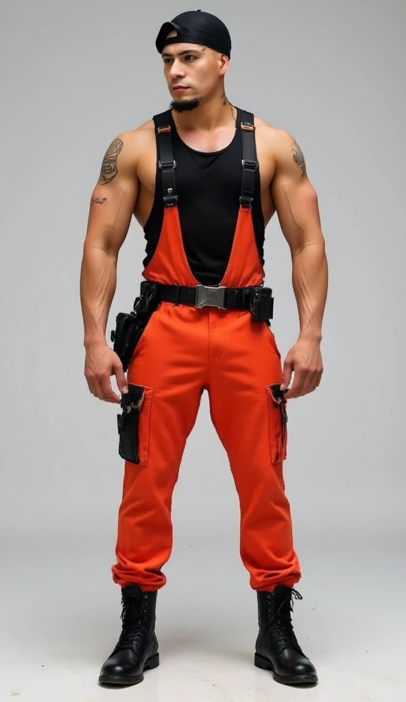  rugged elite henchman, muscular man, silver mature male, with broad shoulders and strong chest, shirtless with red-orange utility jumpsuit pant, sideless  black tank top, Sideless shirt, black beret, tactical belt, black combat boots, MILITARY POSE: feet locked together military style, arms straight and pressed against uniform without gaps, 