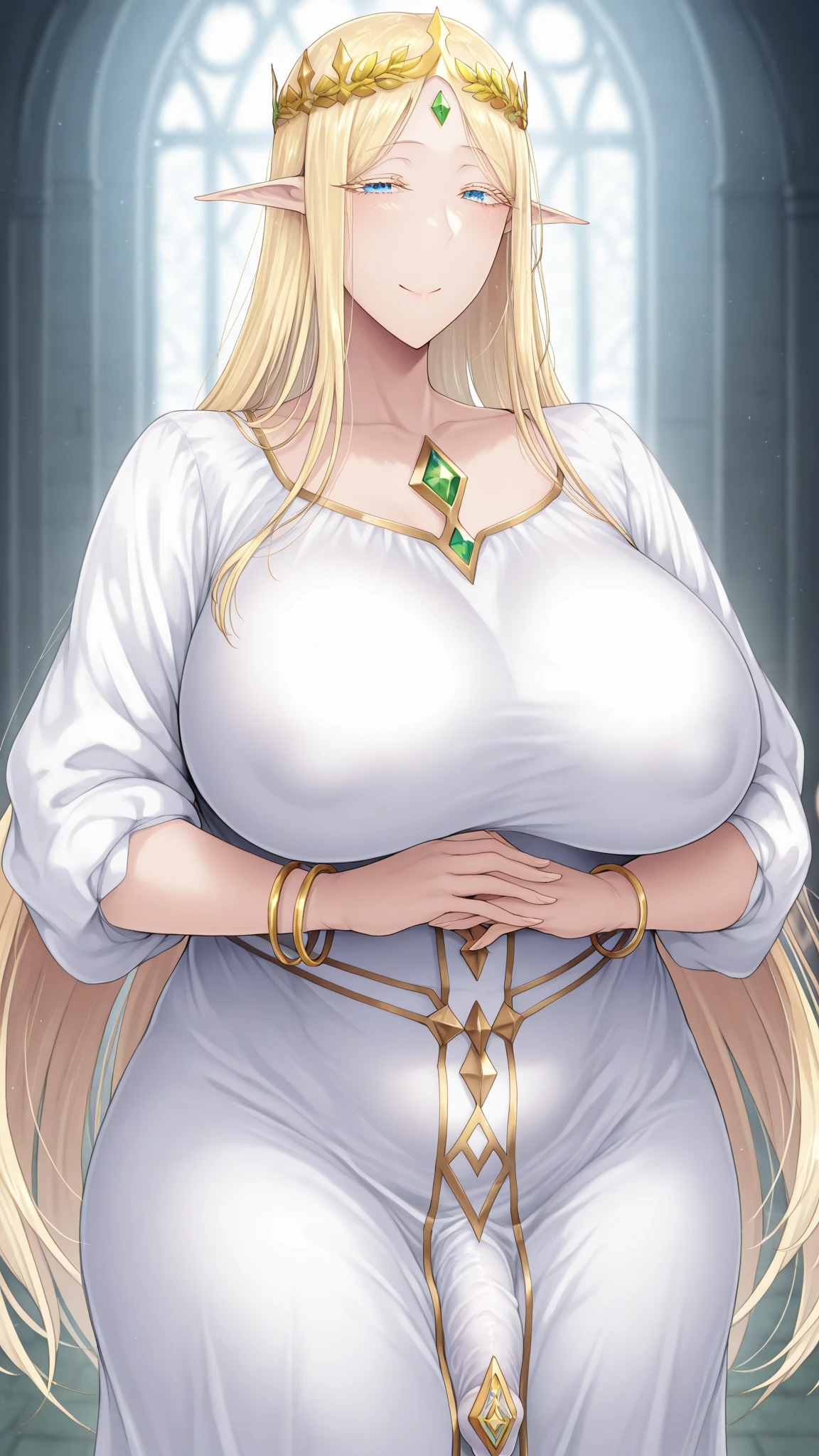 Masterpiece: superb super detailed goddess, white robe, long hair, blonde staff, sunshine, blue sky, big breasts, plump women, mature women